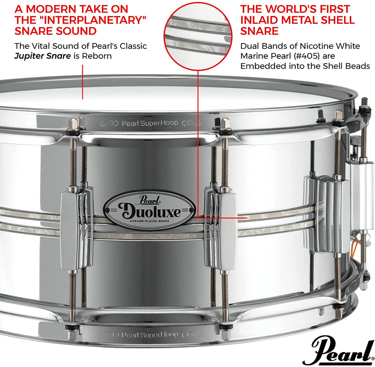 Pearl DUX1465BR DuoLuxe Inlaid 14''x6.5'' Snare Drum - Chrome / Brass –  Music City Canada